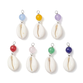 Круглые подвески из натуральной ракушки каури и натурально окрашенного малайзийского нефрита, Подвески в форме ракушки с петлями из медной проволоки, разноцветные
