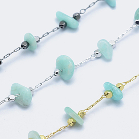 Natural Amazonite Handmade Beaded Chains, Soldered, with Spool, with Eco-Friendly Brass Findings, Long-Lasting Plated, Nuggets