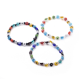 Handmade Evil Eye Lampwork Flat Round Beads Stretch Bracelets, with Faceted Rondelle Glass Beads