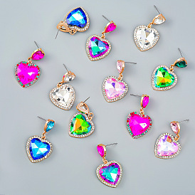 Fashionable Alloy Inlaid Diamond Heart-shaped Glass Diamond Earrings - European and American Style, Girl's Ear Pendant.