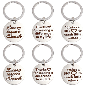 ARRICRAFT 6Pcs 3 Style 304 Stainless Steel Lettering Keychains, Teachers' Day Theme, Flat Round with Word