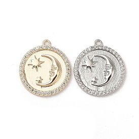 Brass Pendants Pave Shell, with Clear Cubic Zirconia, Round with Moon & Star