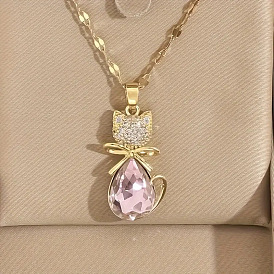 Cat Shape Brass Micro Pave Cubic Zirconia Pendant Necklaces, Golden