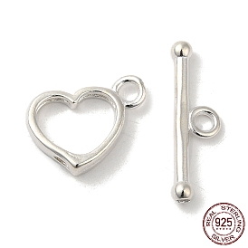 925 Sterling Silver Toggle Clasps, Heart, Toggle: 10x14mm, Bar: 19x6mm, Hole: 2mm