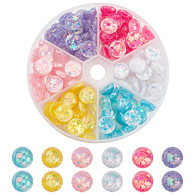 CHGCRAFT 120Pcs 6 Colors Transparent Resin Cabochons, with Glitter Beads, Flat Round/Dome