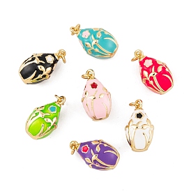 Brass Enamel Pendants, with Jump Ring, Real 18K Gold Plated, Teardrop with Flower Charm