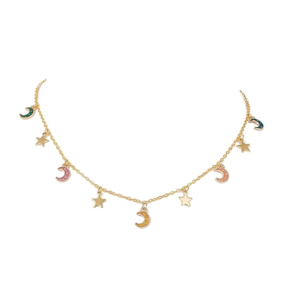 Moon & Star Alloy Enamel Charms Bib Necklaces, with Brass Chains