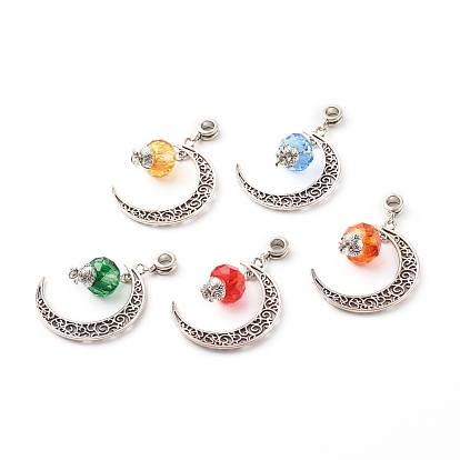 Tibetan Style Alloy Pendants, with European Dangle Charms, Faceted Glass European Beads, Moon