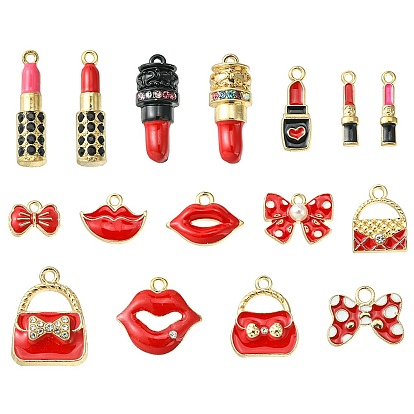 16Pcs 16 Style Alloy Enamel Pendants, with Crystal Rhinestone and ABS Plastic Imitation Pearl Beads, Lip/Lipstick/Lipstick/Bag