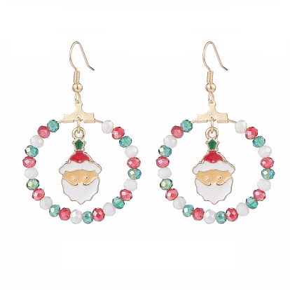 Glass Beaded Big Ring with Christmas Santa Claus Alloy Dangle Earrings, 304 Stainless Steel Drop Earrings for Women