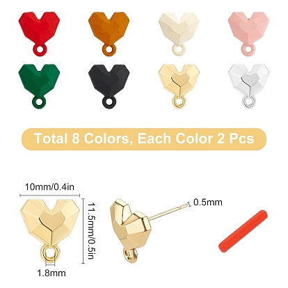 SUNNYCLUE 16Pcs 8 Colors Spray Painted Alloy Stud Earrings Findings, with 925 Sterling Silver Pins and Loops, Heart, Silver