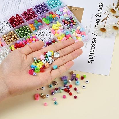 DIY Jewelry Making Kits, Including Round Glass & ABS Plastic Beads, Acrylic Beads, Plastic European Groove Beads, Acrylic & Tibetan Style Alloy Pendants, Elastic Thread, Tweezers and Scissors