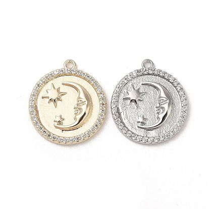 Brass Pendants Pave Shell, with Clear Cubic Zirconia, Cadmium Free & Nickel Free & Lead Free, Round with Moon & Star