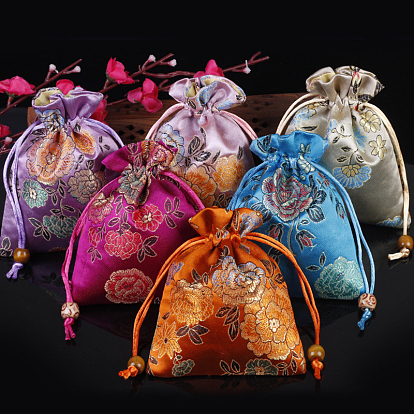 Атласные упаковочные мешочки для ювелирных изделий в китайском стиле с цветочным узором, подарочные пакеты на шнуровке, прямоугольные