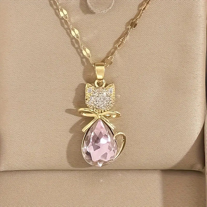 Cat Shape Brass Micro Pave Cubic Zirconia Pendant Necklaces, Golden