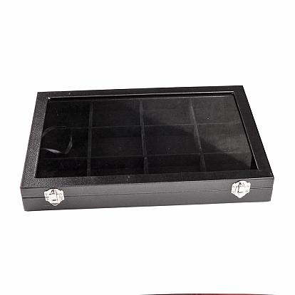 Imitation Leather and Wood Display Boxes, with Glass, Rectangle