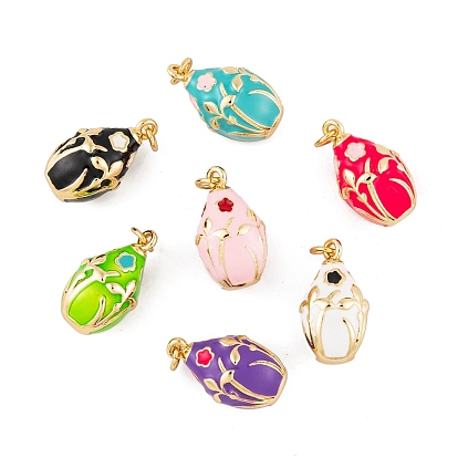 Brass Enamel Pendants, with Jump Ring, Cadmium Free & Nickel Free & Lead Free, Real 18K Gold Plated, Teardrop with Flower Charm