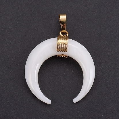 Natural White Shell Mother of Pearl Shell Pendants, with Golden Tone Brass Bail, Crescent Moon/Double Horn