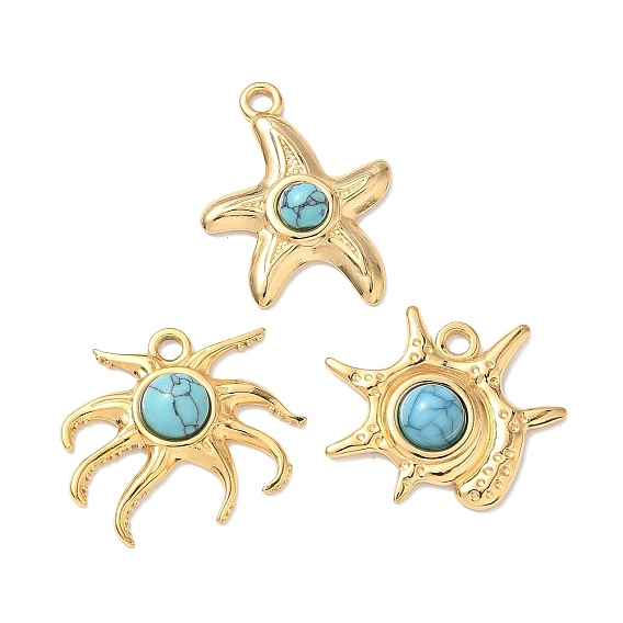 Подвески из окрашенной синтетической бирюзы в виде морских животных, с ионным покрытием (ip) 304 настройки из нержавеющей стали, Небесно-голубой, реальный 18 k позолоченный