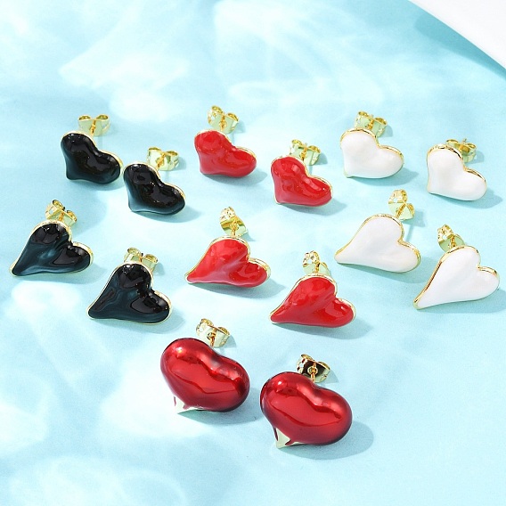 Латунные серьги-гвоздики в форме сердца, с эмалью, стойки покрытие, долговечный, без кадмия и без свинца, реальный 18 k позолоченный