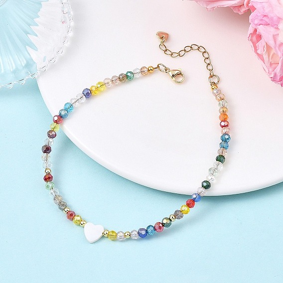 Браслеты на лодыжку для женщин из натуральных пресноводных ракушек в форме сердца и граненых ронделей из гальванически покрытых стеклянных бусин., золотые