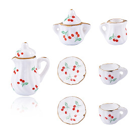 Cherry Pattern Mini Ceramic Tea Sets, including Cup, Teapot, Sugar Bowl, Miniature Ornaments, Micro Landscape Garden Dollhouse Accessories, Pretending Prop Decorations