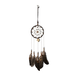 Woven Web/Net with Feather Wall Hanging Decorations, with Iron Ring with Wood Leaf Charm, for Home Bedroom Decorations