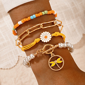 Colorful Beaded Dragonfly Multi-Layer Bracelet Set with Daisy Rope Pearl Bracelet, 4 Pieces