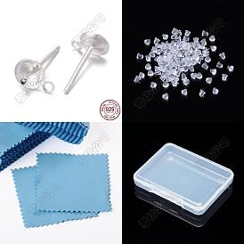 10 par 925 hallazgos para aretes de plata esterlina, por medio perforó perlas, con sello s925, con 50 tuercas de plástico y 1 paño de pulido cuadrado de tela de gamuza para plata