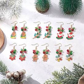 304 серьги с подвесками из стекла из нержавеющей стали, со сплавом и эмалью, золотые, Новогодняя тема