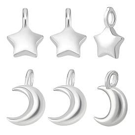 6 шт. 2 стили 925 подвески в виде луны и звезды из стерлингового серебра, серебряный цвет гальваническим