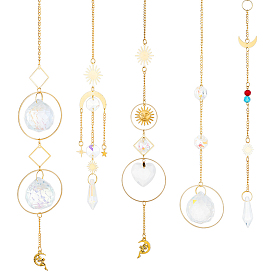 5 шт 5 стиль ab цветное покрытие стеклянные подвесные украшения, подвесные ловцы солнца, создатель радуги, с железными накладками и стеклянными восьмигранными звеньями, для украшения дома