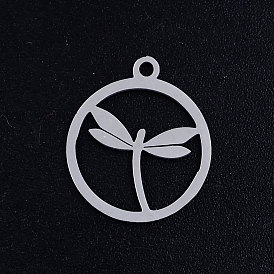 201 Stainless Steel Pendants, Circle with Dragonfly, Hollow