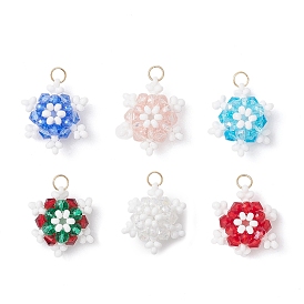 5Pcs 5 Colors Glass Seed Beaded Snowflake Pendants, with Glass & 304 Stainless Steel Jump Rings, Real 18K Gold Plated, Faceted