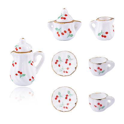 Cherry Pattern Mini Ceramic Tea Sets, including Cup, Teapot, Sugar Bowl, Miniature Ornaments, Micro Landscape Garden Dollhouse Accessories, Pretending Prop Decorations