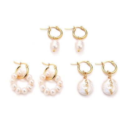 304 Stainless Steel Hoop Earrings Sets, with Natural Cultured Freshwater Pearl Beads, Flat Round & Ring & Oval, Golden
