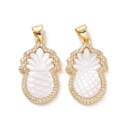 Pineapple Brass Micro Pave Clear Cubic Zirconia Pendants, with Natural Shell, Cadmium Free & Lead Free
