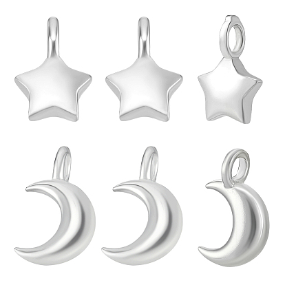 6 шт. 2 стили 925 подвески в виде луны и звезды из стерлингового серебра, серебряный цвет гальваническим