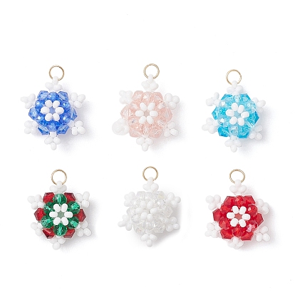 5шт 5цвета стеклянные бусины снежинки подвески, со стеклянными и 304 нержавеющими кольцами для прыжков, реальный 18 k позолоченный, граненые