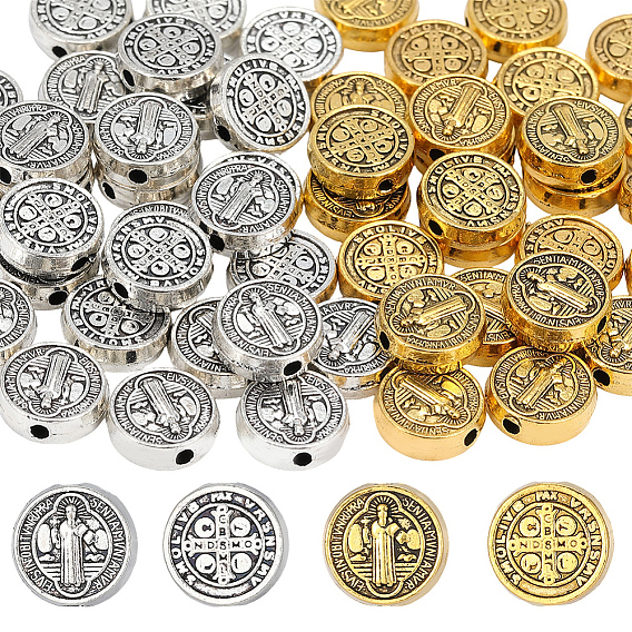 60Pcs 2 Colors Tibetan Style Alloy Beads, Flat Round with Saint & Cross