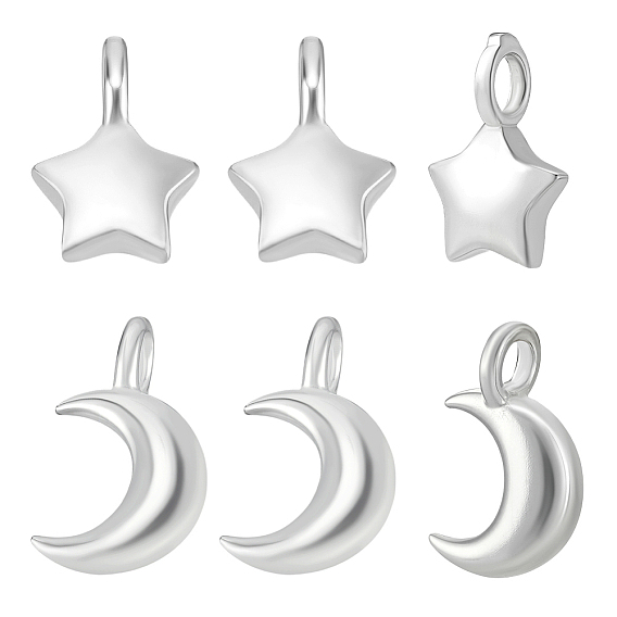6 шт. 2 стили 925 подвески в виде луны и звезды из стерлингового серебра, серебряный цвет гальваническим