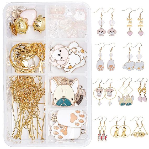 DIY Dog Themed Earring Making Kits, Including Alloy Enamel Pendants, Glass Beads, Brass Linking Rings & Pendant & Earring Hooks, Iron Jump Rings & Pins