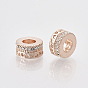 Rose Gold Plated Alloy European Beads, with Rhinestones, Large Hole Beads, Flat Round with Heart
