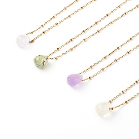 Natural Quartz Pendant Necklaces, with 304 Stainless Steel Satellite Chains, Faceted Teardrop