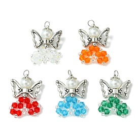 Pearlized Glass Pearl Bead  Pendants, with Antique Silver Zinc Alloy Wings & Seed Beads, Angel