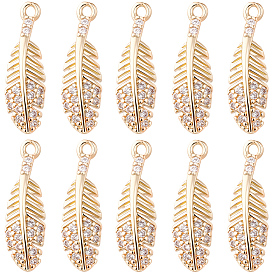 20Pcs Brass Micro Pave Cubic Zirconia Pendants, Light Gold, Long-Lasting Plated, Cadmium Free & Lead Free, Feather