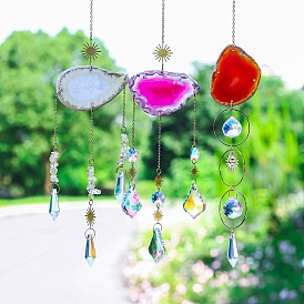 Natural Agate Slice Hanging Ornaments, Glass Tassel Suncatchers for Outdoor Garden Decorations