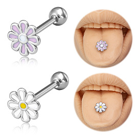 Stainless Steel Enamel Flower Straight Barbell 15 Gauge Piercing Tongue Rings for Women Men, Stainless Steel Color