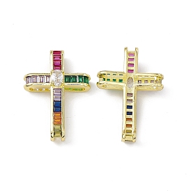 Rack Plating Brass Micro Pave Colorful Cubic Zirconia Pendants, Cadmium Free & Lead Free, Long-Lasting Plated, Religion Cross Charm