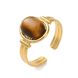 304 Stainless Steel Cuff Rings, with Natural Tiger Eye, Oval